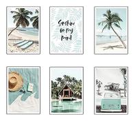 Set di 6 quadri base in legno, decorazione soggiorno, camera da letto, camera, paesaggio, spiaggia, natura con ganci metallici, (38 x 29 cm per quadro)