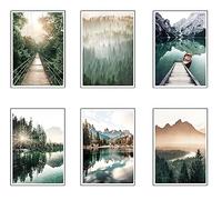 Set di 6 quadri base in legno, decorazione soggiorno moderni, camere da letto, camera, paesaggio, spiaggia, natura con ganci metallici, (29 x 20 cm per quadro)
