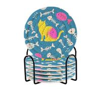 Set di 6 rotelle blu con sagoma di gatto a lisca di pesce con supporto sottobicchieri per bevande intrecciati