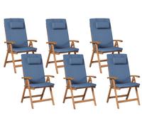 Set di 6 sedie da giardino in legno di acacia chiaro pieghevoli con cuscini blu