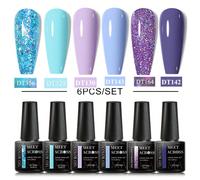 Set di 6 smalti gel da 7ml, colori blu glitter e viola, per manicure, smalto gel per unghie, adatto per lampada UV, set base e top coat ABS
