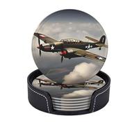 Set di 6 sottobicchieri a forma di aeroplano della Seconda Guerra Mondiale, per bevande, assorbenti, in pelle, con supporto, tappetino rotondo per tovagliette, decorazione per la casa, regali per la