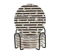 Set di 6 sottobicchieri a righe bianche e nere con sole, luna, stella, per ufficio, con supporto per bevande, assorbenti, decorazione da tavolo piccola