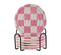 Set di 6 sottobicchieri a scacchiera con glitter finti bianchi e rosa, assorbenti con supporto, per la decorazione della casa