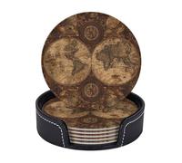 Set di 6 sottobicchieri antiscivolo con supporto, motivo mappa del mondo antico, rotondi, per la protezione del tavolo, in pelle, per tazze da tè, accessori da bar, regali di inaugurazione della casa
