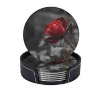 Set di 6 sottobicchieri antiscivolo con supporto, motivo: rosa rossa bianca e nera, sottobicchieri rotondi per tazze da tè in pelle, accessori per il caffè, regali di inaugurazione della casa