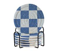 Set di 6 sottobicchieri assorbenti a scacchiera con glitter finti bianchi e blu con supporto sottobicchieri per tazze Porta Vasos Para Mesas