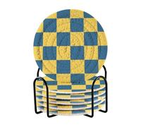 Set di 6 sottobicchieri assorbenti a scacchiera gialla e blu con supporto per bevande intrecciati