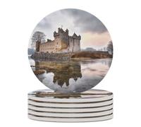 Set di 6 sottobicchieri assorbenti con base in sughero, motivo: castello divertente vicino a pietre di lago, sottobicchieri stampati per cucina, soggiorno, ufficio, ristorante, caffetteria o bar