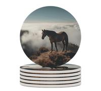 Set di 6 sottobicchieri assorbenti con base in sughero, motivo: cavallo divertente su una cima di montagna nebbiosa, sottobicchieri stampati per cucina, soggiorno, ufficio, ristorante, caffetteria o b