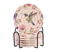 Set di 6 sottobicchieri assorbenti con motivo floreale e colibrì, con supporto, per bevande
