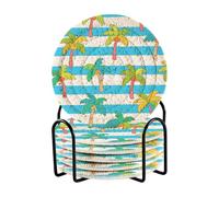 Set di 6 sottobicchieri assorbenti con palma di cocco a righe bianche e blu, con supporto, per decorare tavolini da caffè