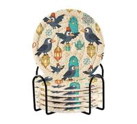 Set di 6 sottobicchieri assorbenti con uccellino e lanterna, con supporto