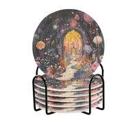 Set di 6 sottobicchieri assorbenti e contenitori, motivo misterioso viola con scena del paese delle meraviglie per ufficio, per bevande, decorazione da tavolo