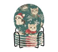 Set di 6 sottobicchieri assorbenti e contenitori, motivo simpatico gatto con scritta "Merry Christmas", per tavolo da pranzo, casa, bar, must have