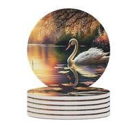 Set di 6 sottobicchieri assorbenti per bevande, dipinto con scena del lago dei cigni, in ceramica per tavolo in legno, adatti a diversi tipi di tazze, decorazione per la casa, 4 pollici