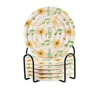 Set di 6 sottobicchieri bianchi a forma di nota musicale con girasole e supporto per proteggere il tavolo