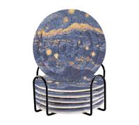 Set di 6 sottobicchieri blu e gialli con pittura a olio cielo stellato con supporto sottobicchieri per tavolino intrecciato