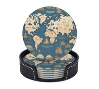 Set di 6 sottobicchieri circolari con mappa del mondo, cuscinetti rotondi in pelle PU con supporto, tovagliette per bar