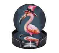 Set di 6 sottobicchieri con cappello da strega e fenicottero, per bevande, assorbenti, in pelle, con supporto, tappetino rotondo per tovagliette, decorazione per la casa, regali per la casa
