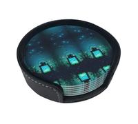 Set di 6 sottobicchieri con lucciole e lanterna, design elegante, in pelle PU, per casa, ufficio e cucina, facili da pulire e resistenti al calore