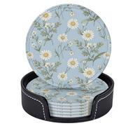 Set di 6 sottobicchieri con margherite blu e camomilla, con supporto, per tavolo, bevande, tazze, sottobicchieri in pelle per sala da pranzo, cucina, bar, arredamento per la casa.