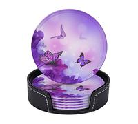 Set di 6 sottobicchieri con motivo a farfalla su fiori viola per bevande con supporto, rotondi in pelle da 4 pollici per decorazioni per la casa e la cucina, tazze da caffè per inaugurazione della