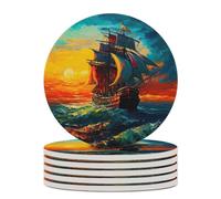 Set di 6 sottobicchieri con motivo a nave a vela e mare blu al tramonto, assorbenti per bevande, con supporto in sughero per la protezione del tavolo, per la nuova casa