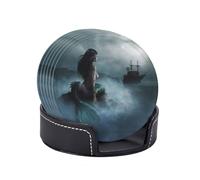 Set di 6 sottobicchieri con motivo a sirena e nave pirata che naviga sul mare, in similpelle, sottobicchieri rotondi da bar per la decorazione della casa