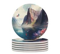 Set di 6 sottobicchieri con motivo "Fiordi di montagna con farfalla", assorbenti per bevande, con supporto in sughero per la protezione del tavolo, per la nuova casa