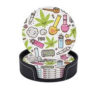 Set di 6 sottobicchieri con motivo kawaii di cannabis e marijuana, per bevande, con supporto, in pelle, rotondi, da 4", per decorazioni da cucina, tazze da caffè, inaugurazione della casa