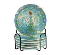 Set di 6 sottobicchieri con pittura a olio con scritta "Pond Girl", con supporto, per la casa Porta Vasos