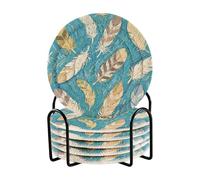 Set di 6 sottobicchieri con piume blu pittura artistica e supporto set di 6 sottobicchieri per bevande Posavasos Para Mesa