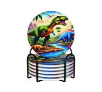 Set di 6 sottobicchieri con scena di avventure nella giungla con dinosauri, con supporto, protezione antiscivolo per il tavolo, accessori per bar del caffè, regali di inaugurazione della casa, decor