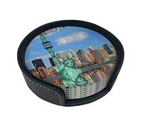 Set di 6 sottobicchieri con statua della libertà a New York, rotondi, in pelle, con supporto, antimacchia e termoisolante, per casa, cucina, ufficio
