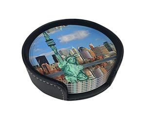 Set di 6 sottobicchieri con statua della libertà a New York, rotondi, in pelle, con supporto, antimacchia e termoisolante, per casa, cucina, ufficio