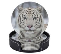 Set di 6 sottobicchieri con testa di tigre bianca e supporto, in pelle, ideali per tavolo, cucina, bar e arredamento casa.