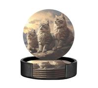 Set di 6 sottobicchieri da tavolo in PU moderno con motivo a gatto carino sulla luna, blu, stellato, galassia, nebulosa, montagna innevata, multicolore, per bevande, set di sottobicchieri, 4 pollici