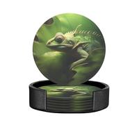 Set di 6 sottobicchieri da tavolo moderni in PU con stampa a forma di geco lucertola su foglia verde, per bevande, set di sottobicchieri, 4 pollici