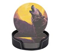 Set di 6 sottobicchieri da tavolo moderni in PU per bevande, con motivo lupo, luna piena, cima di montagna, nuvola, cielo, albero, set di sottobicchieri, 4 pollici