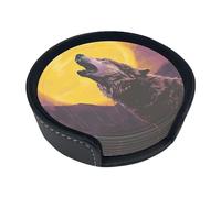 Set di 6 sottobicchieri da tavolo moderni in PU per bevande, con motivo lupo, luna piena, cima di montagna, nuvola, cielo, albero, set di sottobicchieri, 4 pollici