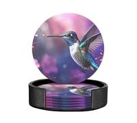 Set di 6 sottobicchieri da tavolo moderni in PU per bevande, raffigurante un colibrì che si nutre di fiori tropicali su uno sfondo verde. Set di sottobicchieri, 4 pollici.