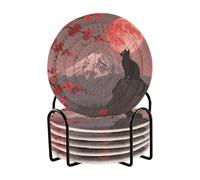 Set di 6 sottobicchieri e supporto per bevande giapponesi con gatto e luna di montagna per bevande, assorbenti, decorazione da tavolo piccola