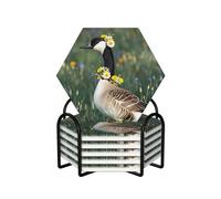 Set di 6 sottobicchieri esagonali in ceramica per bevande, con supporto in metallo, motivo: oca che indossa fiori, sottobicchiere in ceramica, tappetino protettivo da tavolo per la decorazione della