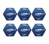 Set di 6 sottobicchieri esagonali, in pelle PU, per bevande, tavolino da caffè, piccola balena blu che nuota, protezione per il tavolo, decorazione per la casa