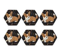 Set di 6 sottobicchieri esagonali, in pelle PU, per bevande, tavolino da caffè, protezione da tavolo e decorazione per la casa, tappetino per tazze a forma di Corgi che ama la musica