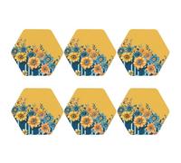Set di 6 sottobicchieri esagonali, in pelle PU, per bevande, tavolino da caffè, protezione da tavolo floreale gialla e blu, decorazione per la casa