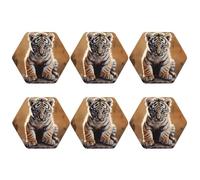 Set di 6 sottobicchieri esagonali, in pelle PU, per bevande, tavolino da caffè, protezione per tavolo con cucciolo di tigre, decorazione per la casa