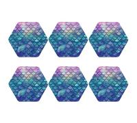 Set di 6 sottobicchieri esagonali, sottobicchieri in pelle PU per bevande, tavolino da caffè, protezione per tavolo con ninfee e squame di sirena, decorazione per la casa