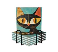 Set di 6 sottobicchieri in ceramica con supporto, arte moderna della metà del secolo, sottobicchieri a forma di gatto, per bevande, tazze, tappetini, assorbenti, antiscivolo, decorativi, per tavolino